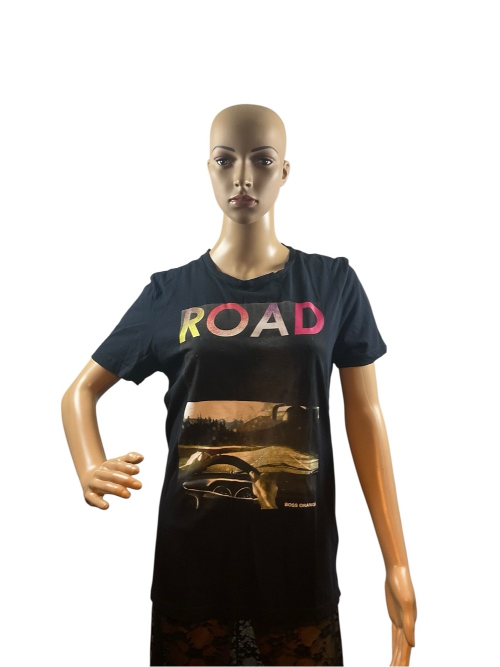 BOSS ORANGE Black Tee with Multicolor 'ROAD' Lettering and Scenic Print